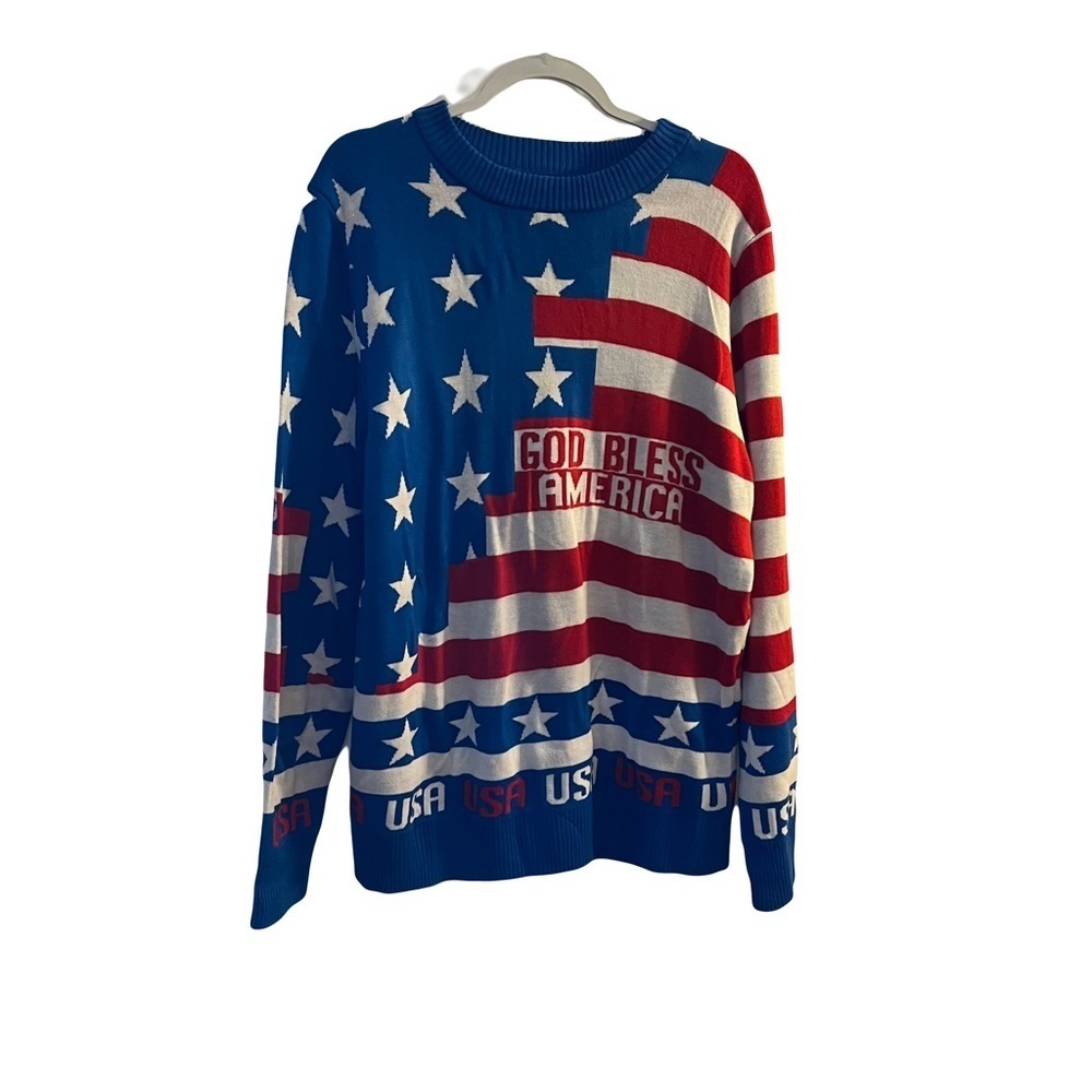 LA POLICE GEAR MENS AMERICAN FLAG CHRISTMAS SWEATER SIZE L RED WHITE BLUE God